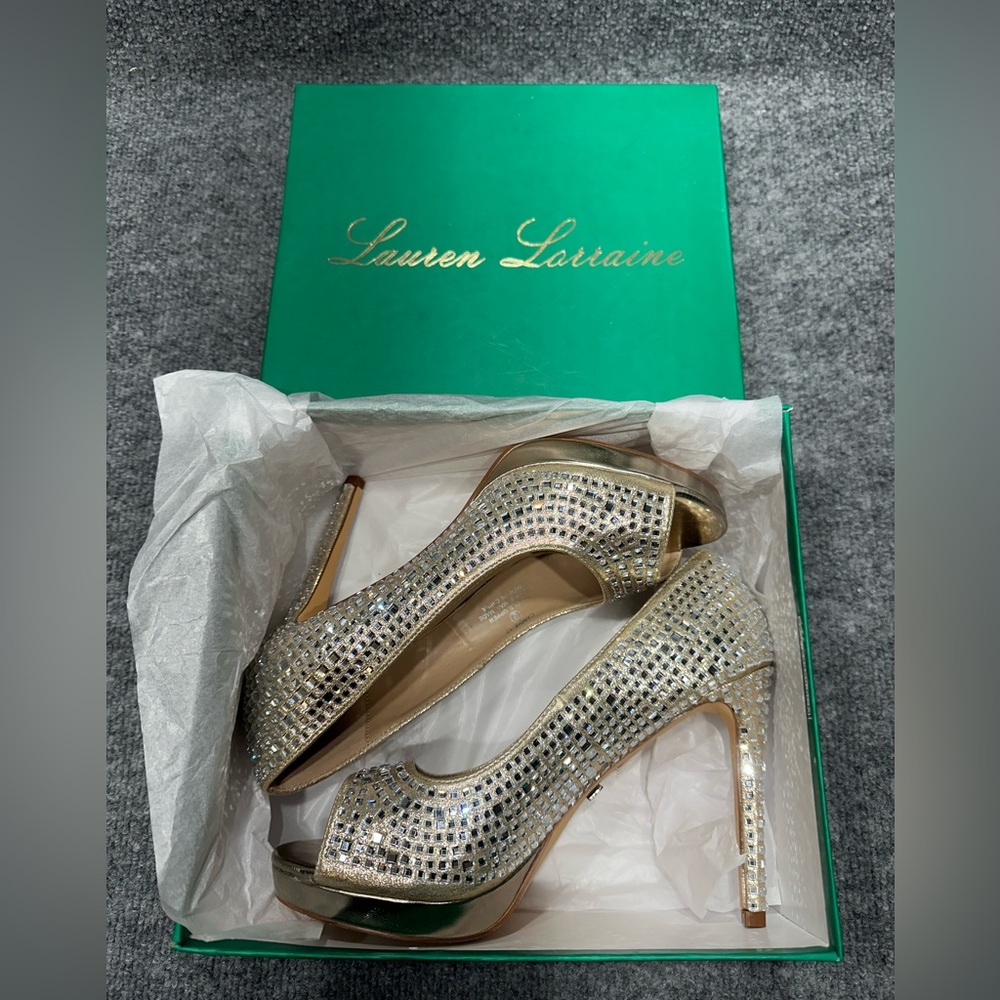 Andie Gold Crystal Peep-Toe Stiletto Heels T0087